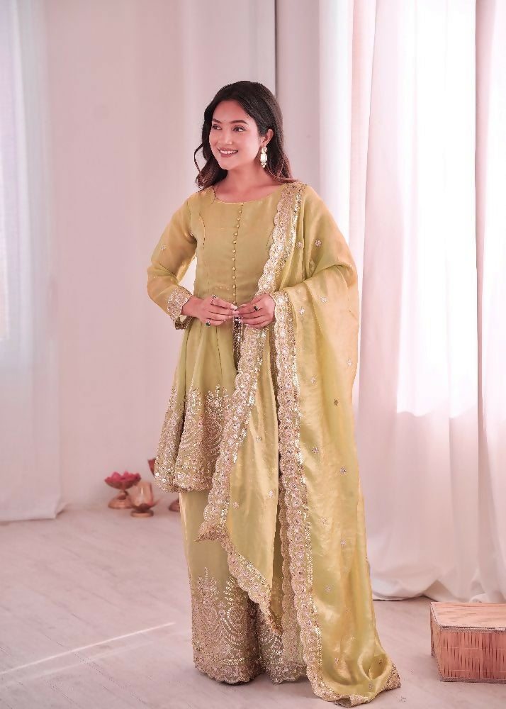 Teeya Creation Pista Color Fendy Satin Silk Embroidery Work Party Wear Salwar Suit