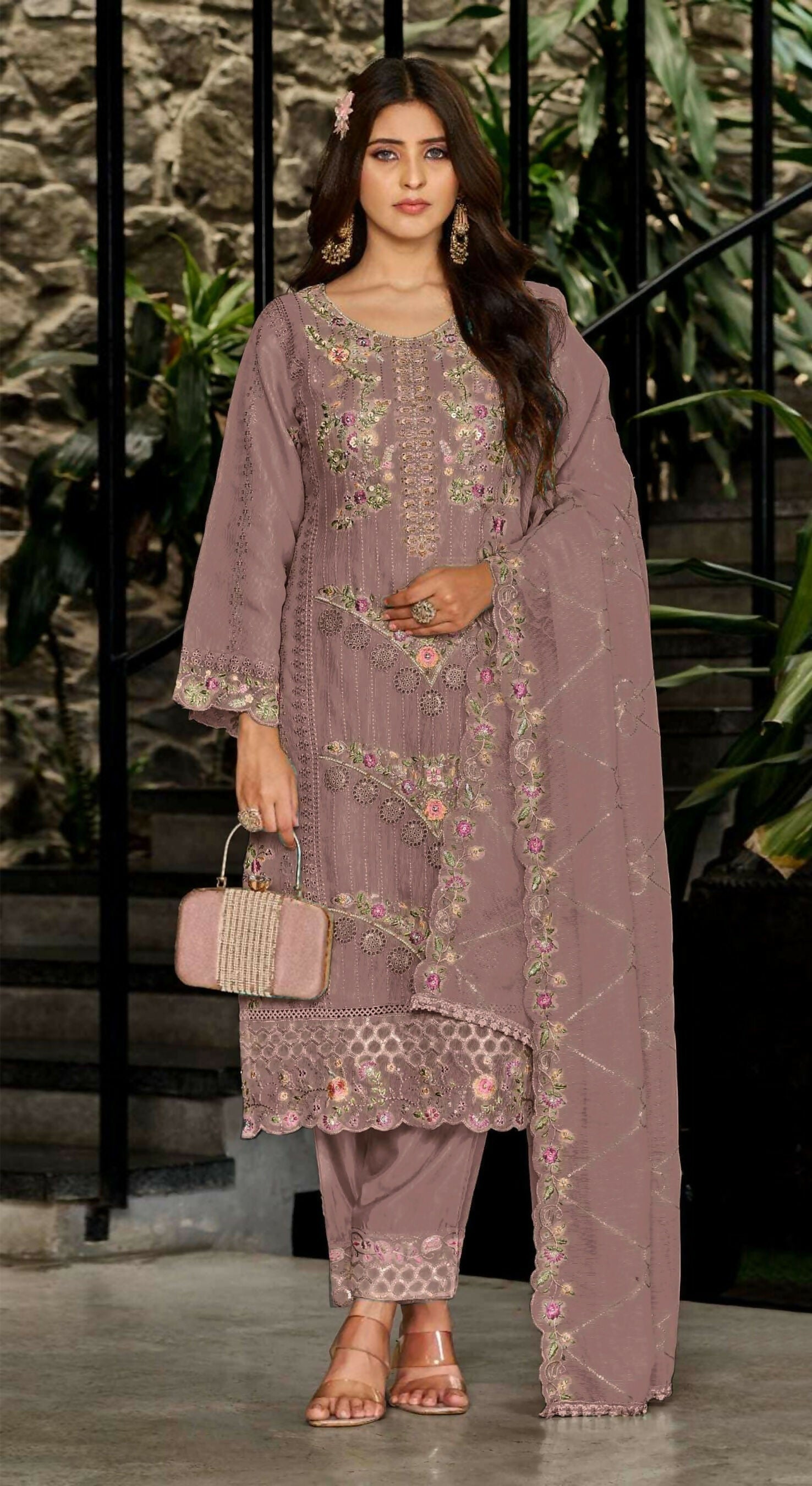 Anaita Peach Fox Georgette Stitched Suit with Embroidery Sequins & Khatli Work