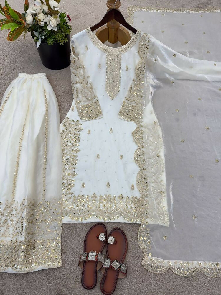 Teeya Creation White Color Fendy Silk Embroidery Work Wedding Wear Salwar Suit