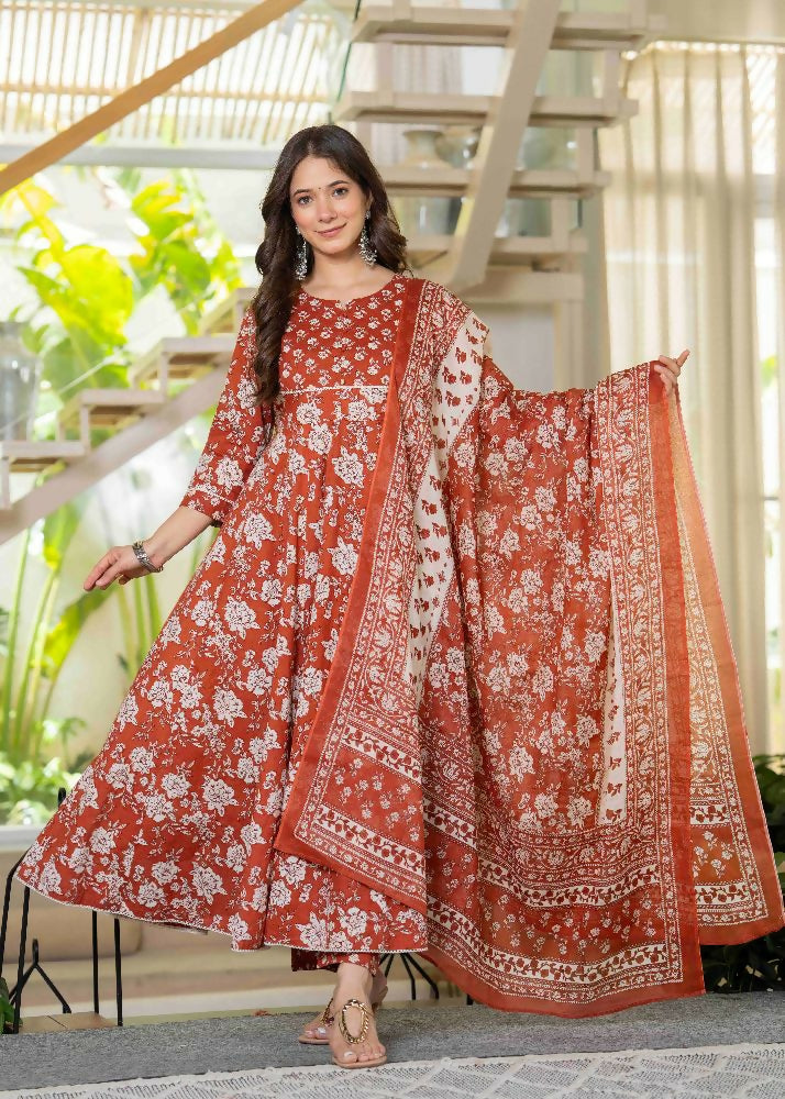 Jaimini Women Cotton Printed Round Neck 3/4 Sleeves Calf Length Flared Kurta Pant And Dupatta Set