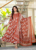 Jaimini Women Cotton Printed Round Neck 3/4 Sleeves Calf Length Flared Kurta Pant And Dupatta Set