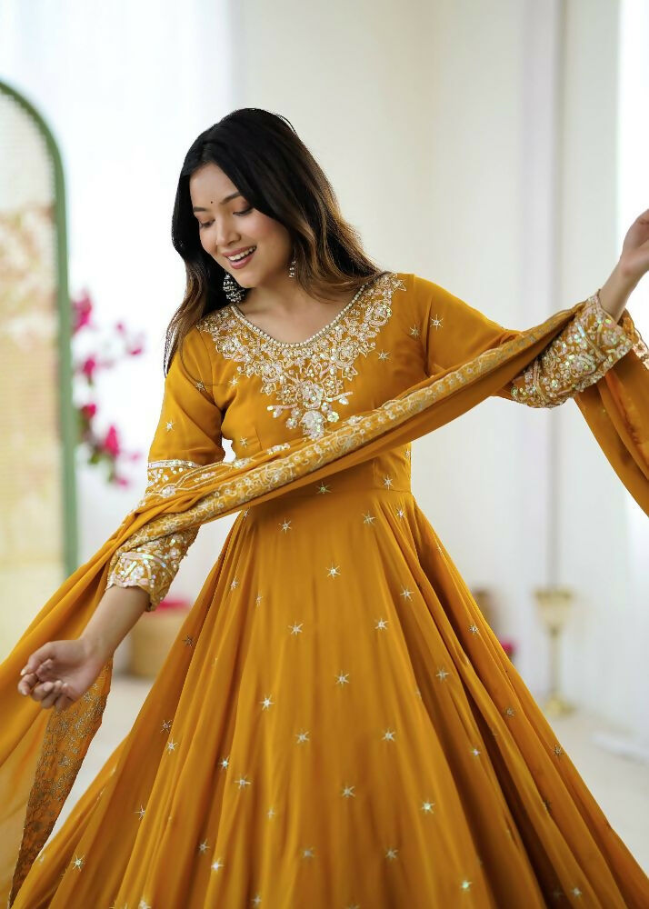 Teeya Creation Yellow Color Faux georgette Embroidery Work Wedding Wear Gown