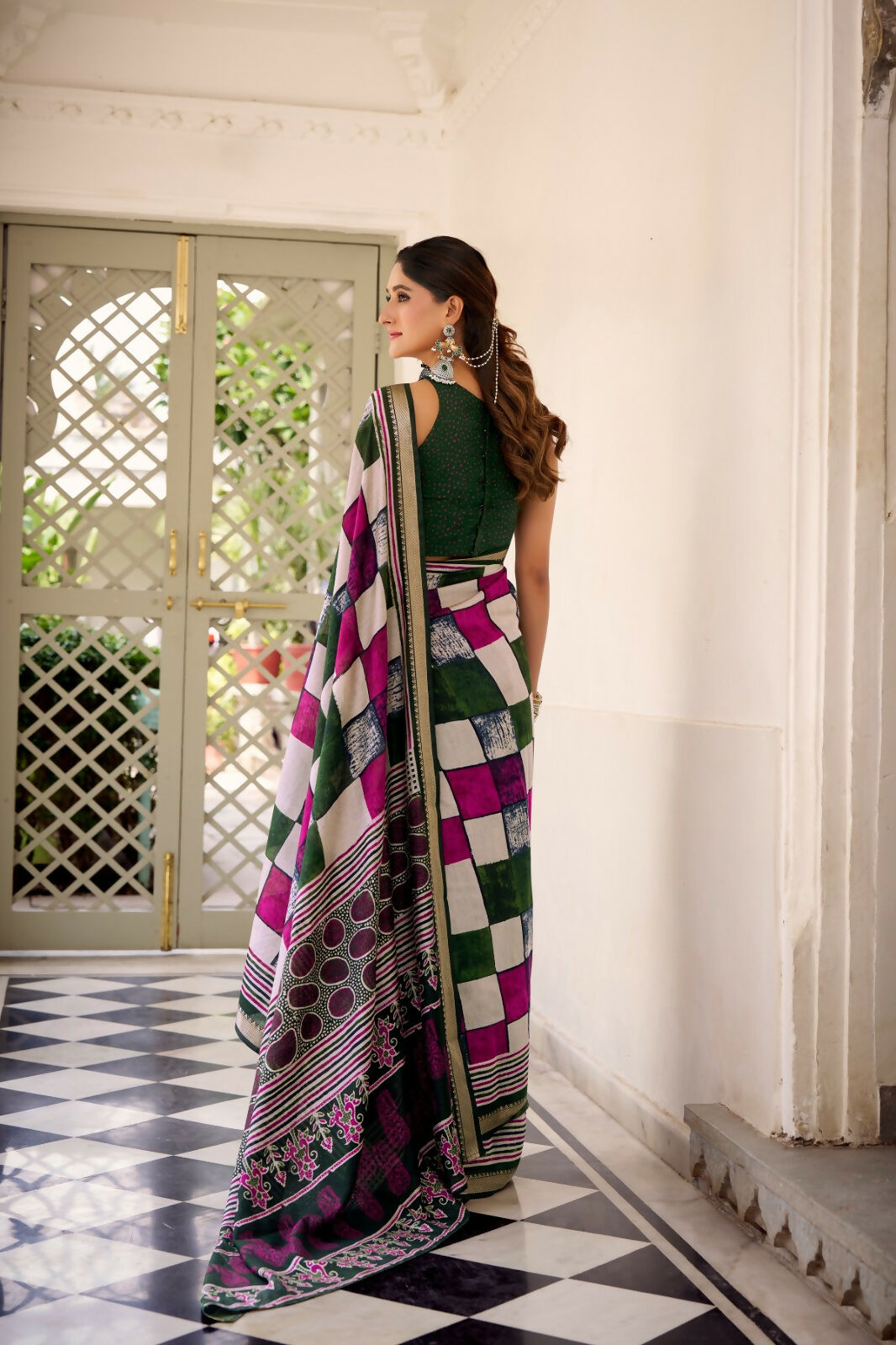 Vastranavya Green Viscose Chanderi Printed with Temple Border Saree & Unstitched Blouse