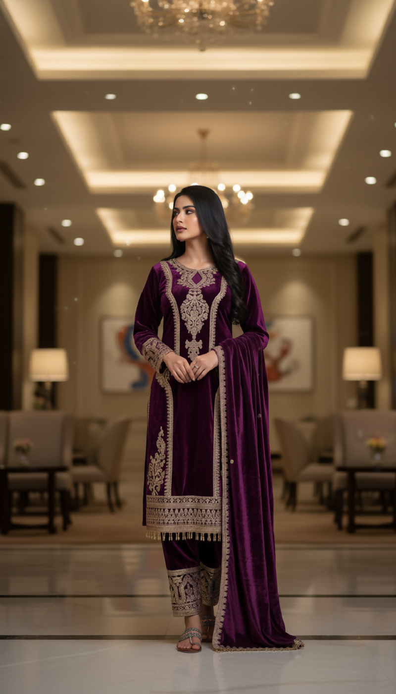 Joban Fashion Purple Kurta Set Velvet Embroidery Sequence Work
