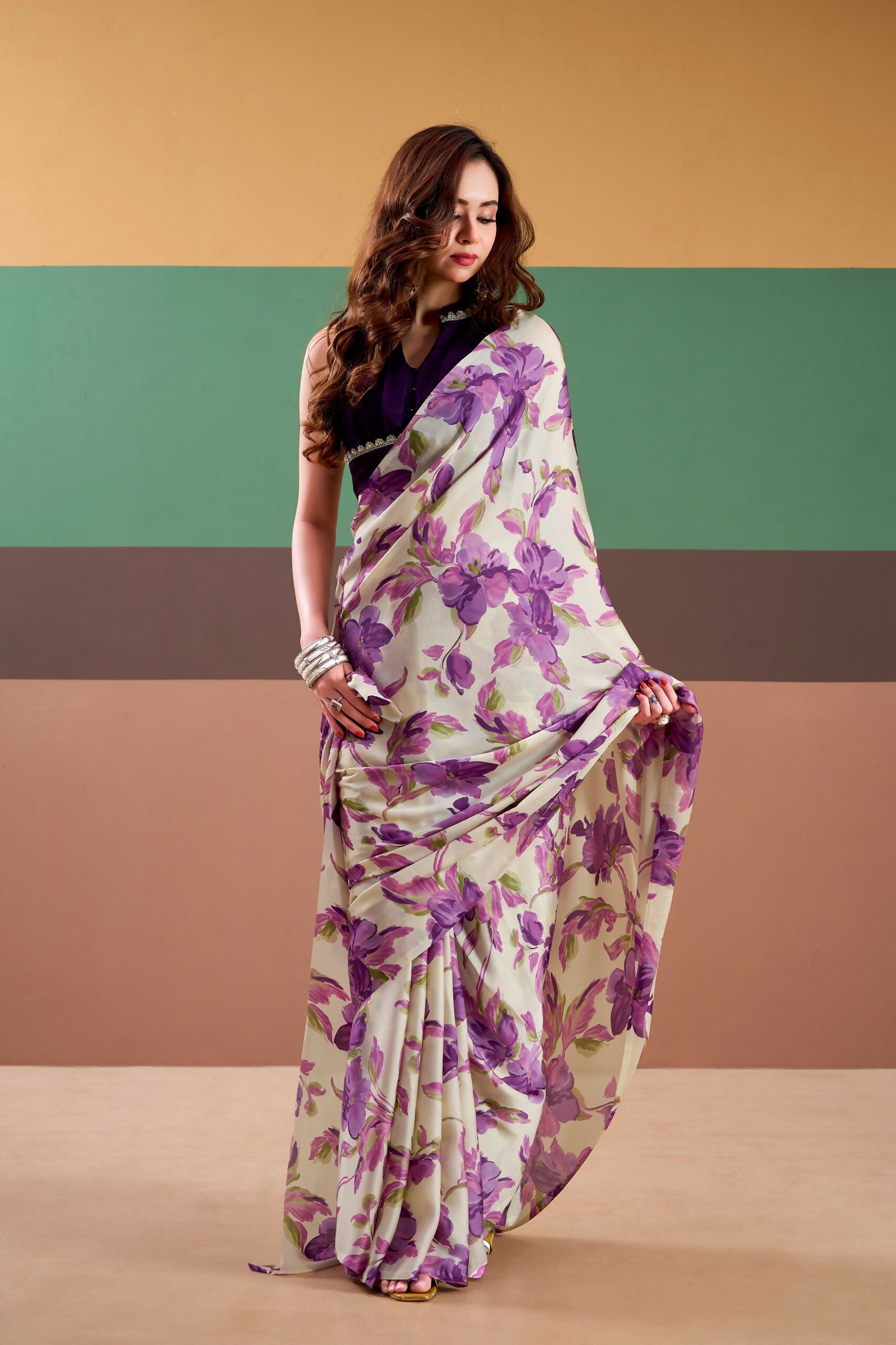 Vastranavya Purple Satin Silk Floral Printed Saree with Stitched Blouse