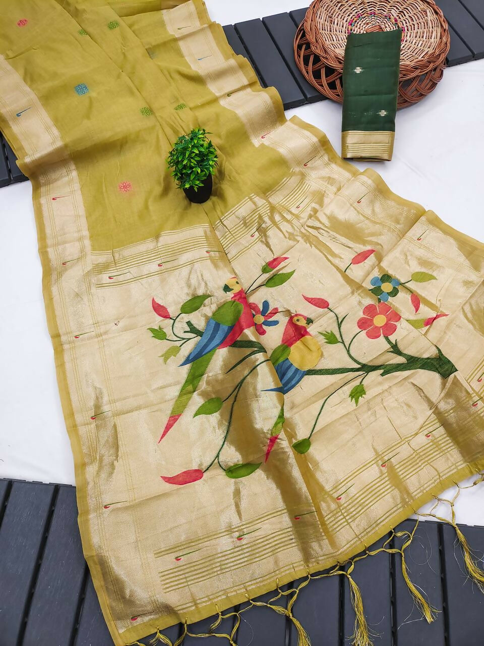 Vastranavya Yellow Muga Cotton Meenakari & Munia Weaving Pallu Saree with Contrast Blouse