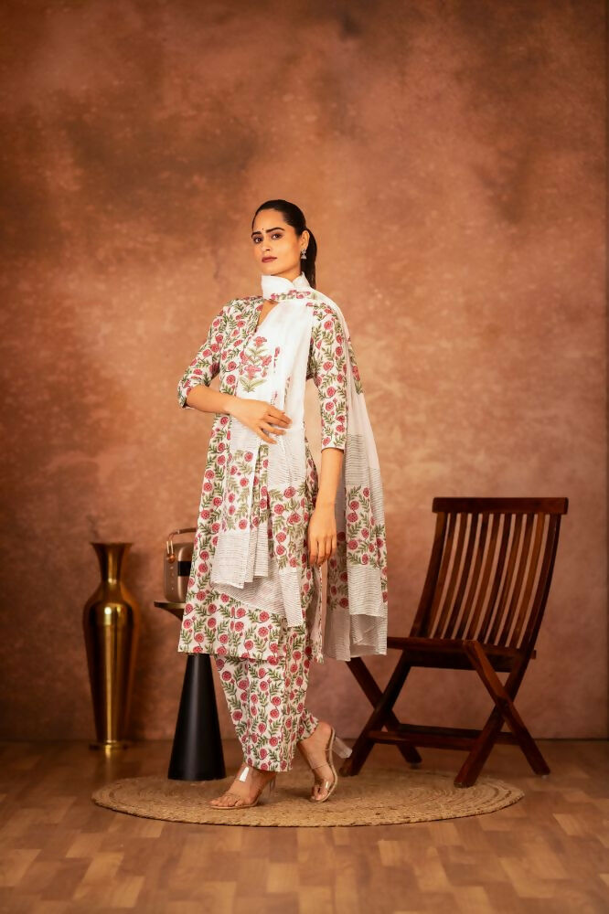 Joban Fashion Red Green Hand Block Printed Cotton Suit Set