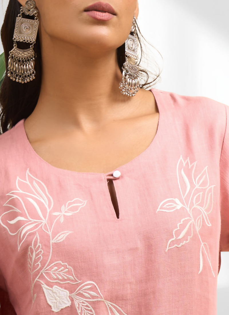 Joban Fashion Pink Linen Embroidered Readymade Cord Set