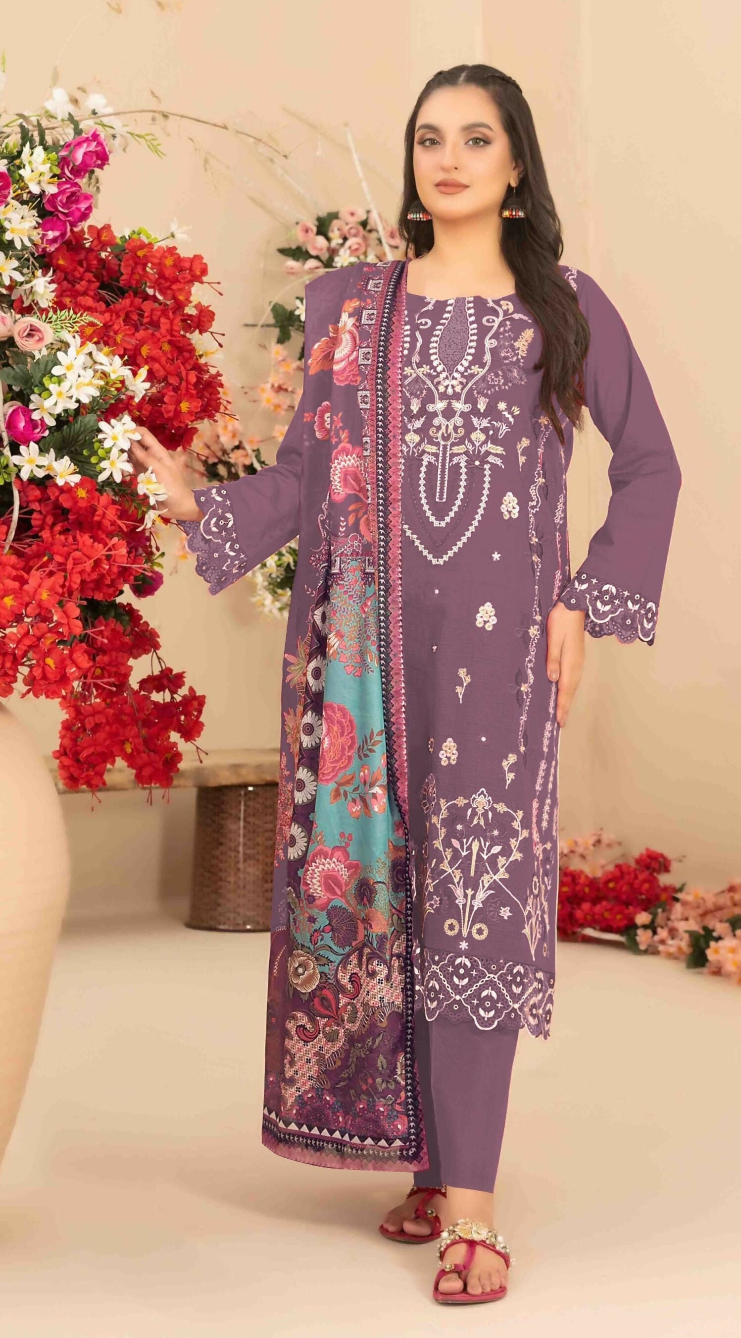 Anaita Purple Cambric Cotton Suit With Embroidered & Khatli Work