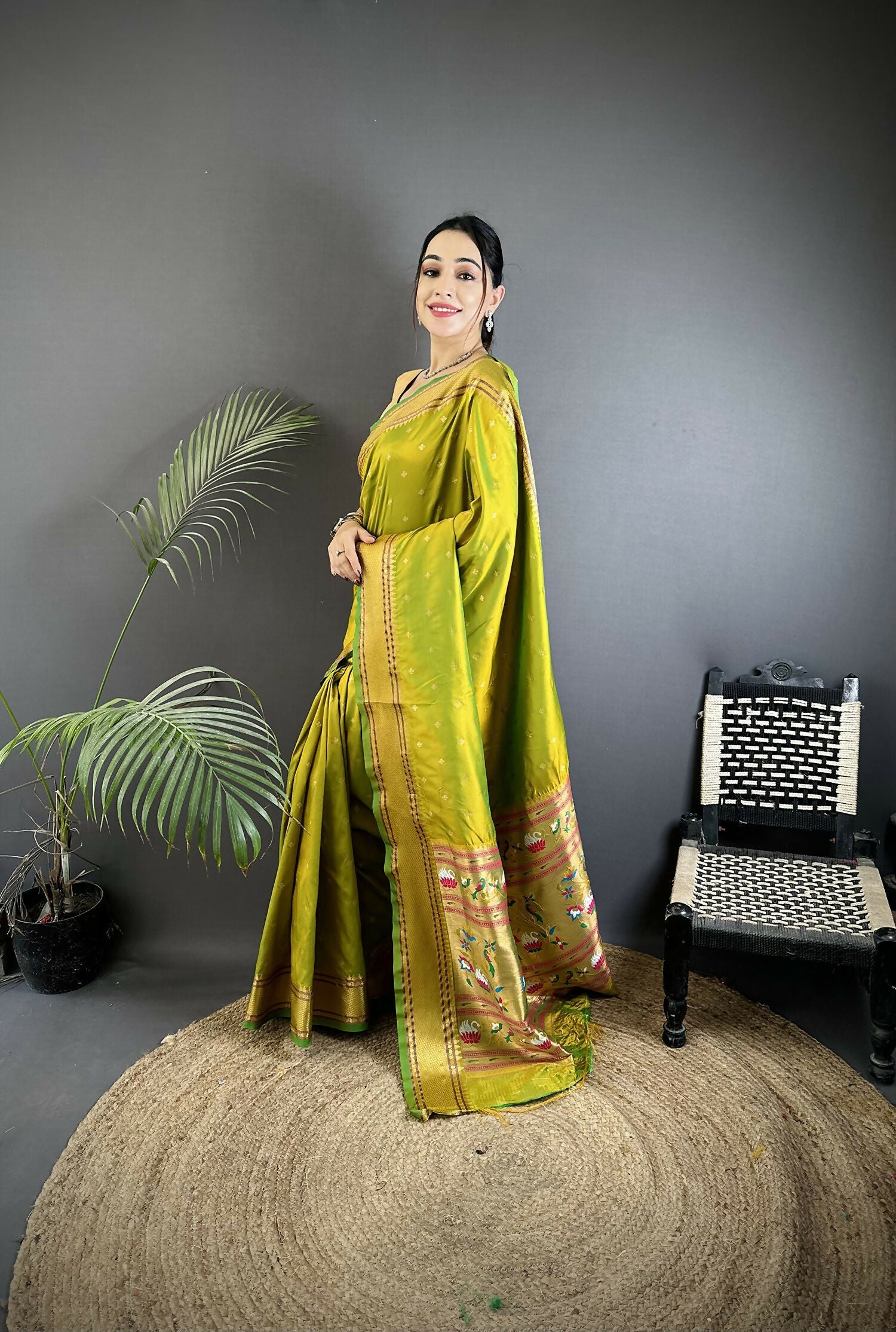 Joban Fashion Lime Green Butti Woven Soft Lichi Silk Paithani Saree