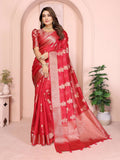 Aastha Fashion Red Soft Organza Silk Weaving Saree