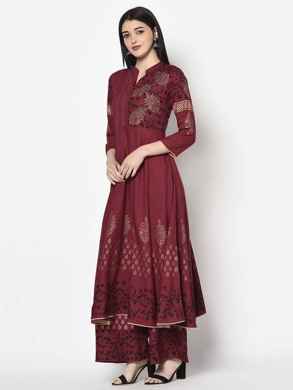 Aniyah Rayon Maroon Color Block Print Anarkali Palazzo Set (AN-181K)