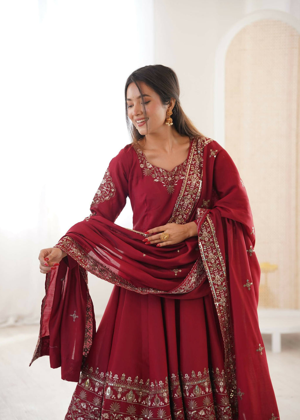 Teeya Creation Maroon Roman Silk Embroidery Work Party Wear Long Gown