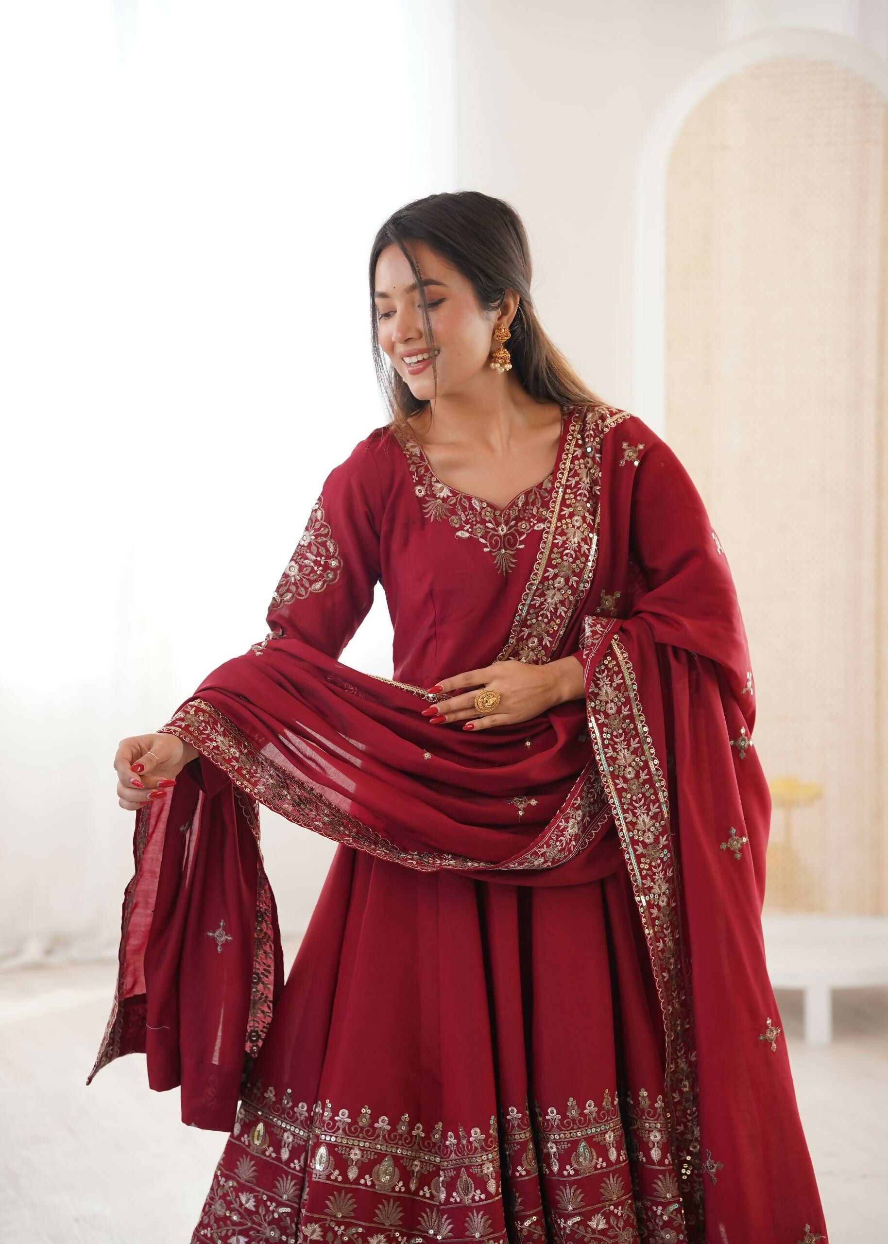 Teeya Creation Maroon Roman Silk Embroidery Work Party Wear Long Gown