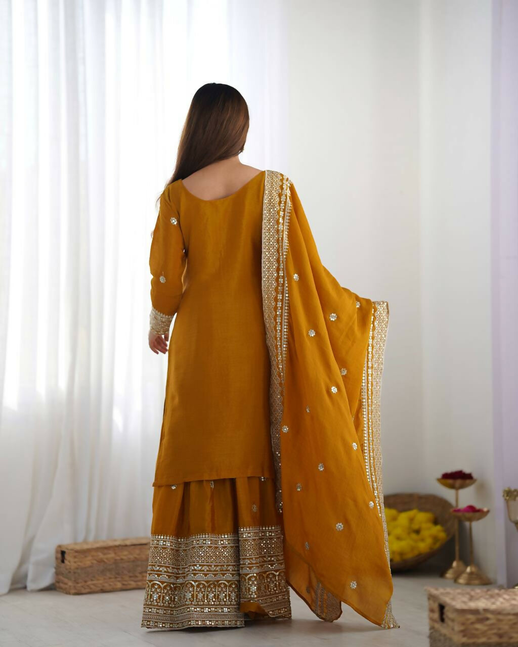 Joban Fashion Mustard Kurta Set Silk Sequins , Zari, Coding & Thread Embroidered work