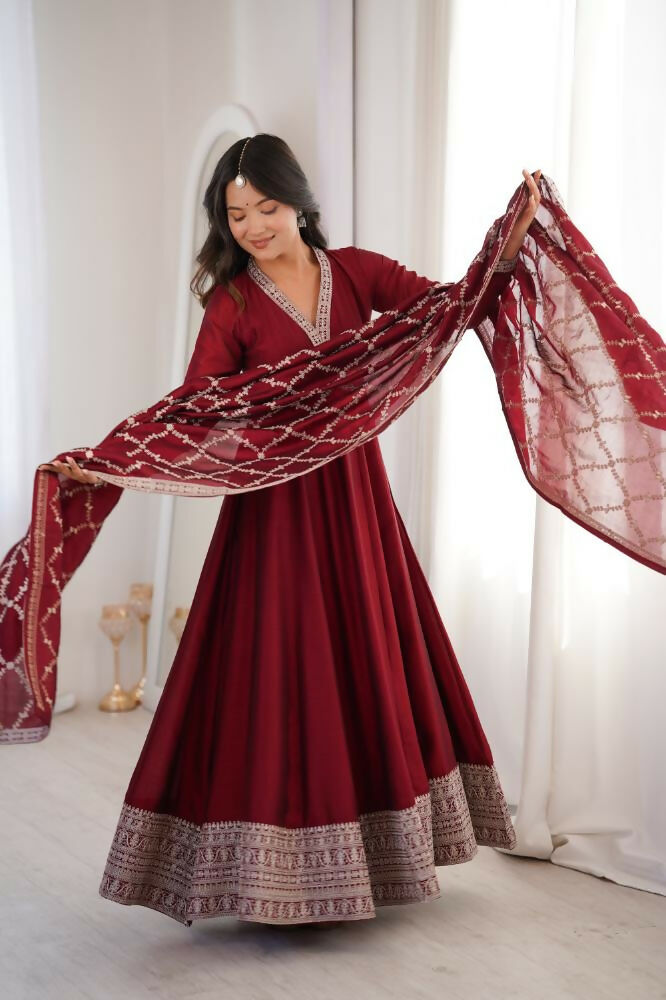 Lehenga Mart Designer Anarkali Suit With Kurta, Dupatta For Women-Dark Maroon