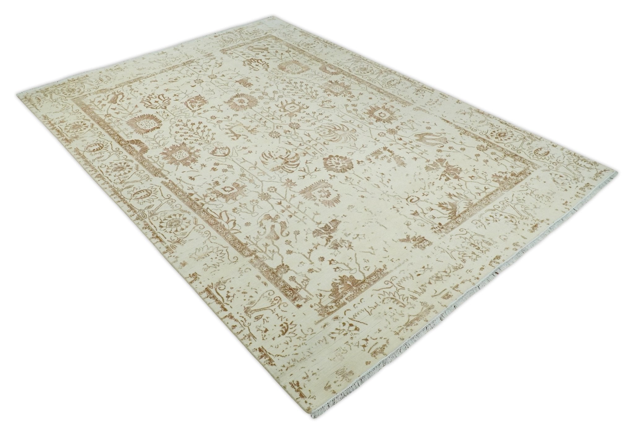 9x12 Fine Hand Knotted Beige and Brown Traditional Vintage Persian Style Antique Wool and Silk Rug | AGR46