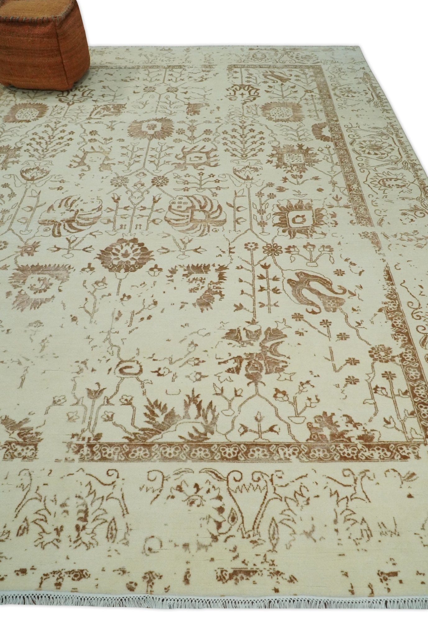 9x12 Fine Hand Knotted Beige and Brown Traditional Vintage Persian Style Antique Wool and Silk Rug | AGR46