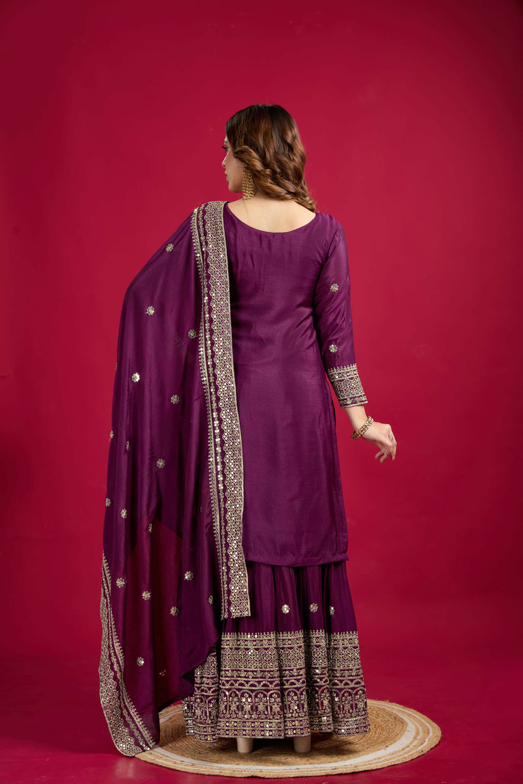 Joban Fashion Violet Kurta Set Silk Sequins , Zari, Coding & Thread Embroidered work