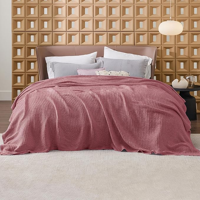 Bedsure 100% Cotton Blanket Queen Size for Bed - Breathable and Soft, Waffle Weave Blanket for Summer, Thick Cozy Fall Blankets for Women Gift, Dusty Rose, 90x90 Inches
