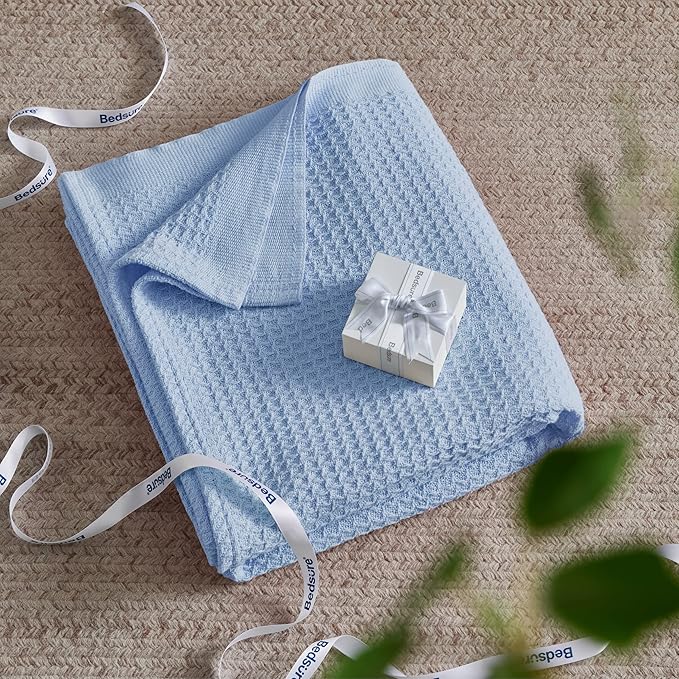 Bedsure 100% Cotton Blanket Queen Size for Bed - Breathable and Soft, Waffle Weave Blanket for Summer, Thick Cozy Fall Blankets for Women Gift, Sky Blue, 90x90 Inches