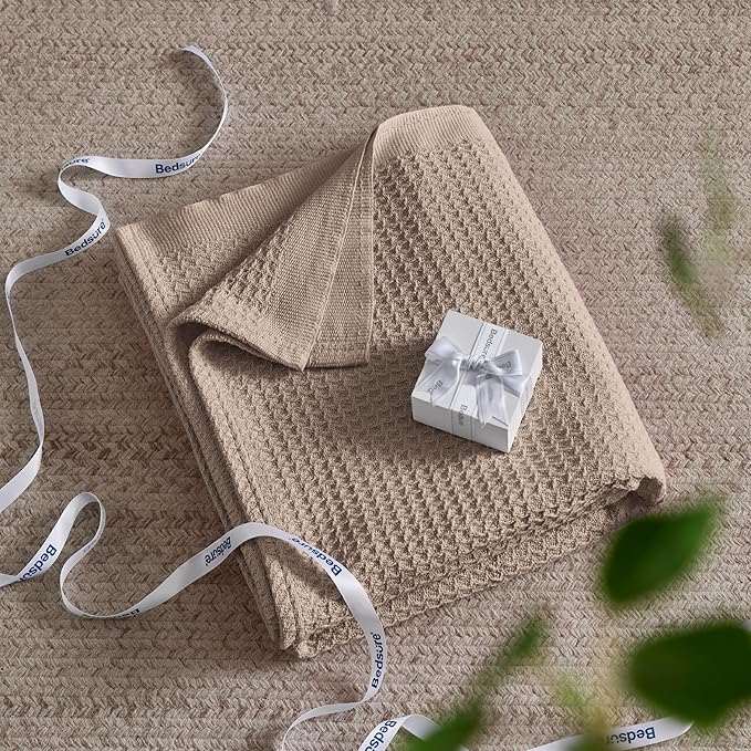 Bedsure 100% Cotton Blanket Twin XL Size for College Dorm - Breathable and Soft, Waffle Weave Twin Blanket for Summer, Dorm Room Essentials, Taupe, 66x90 inches