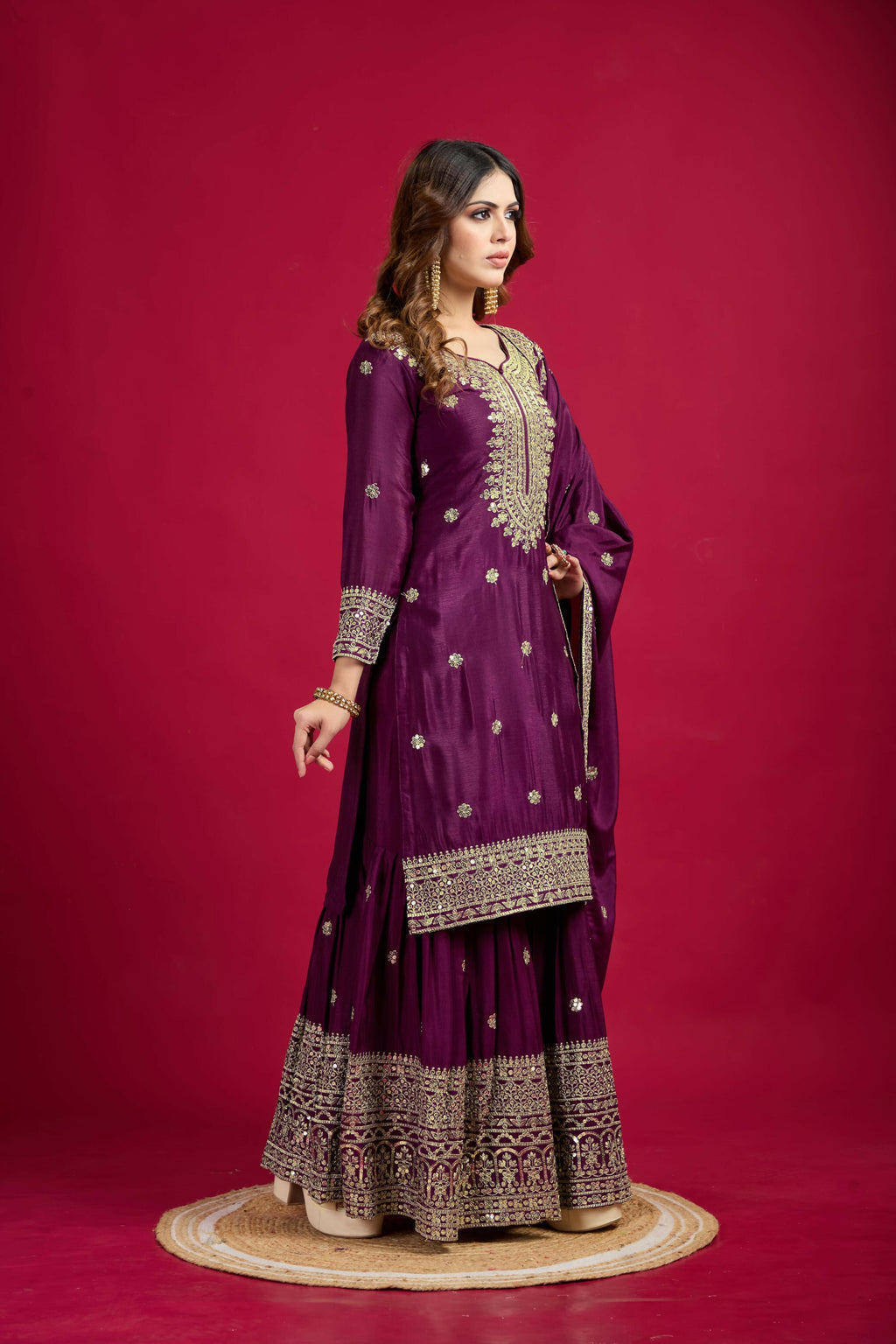 Joban Fashion Violet Kurta Set Silk Sequins , Zari, Coding & Thread Embroidered work