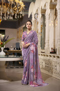 Vastranavya Grey Spectacular Georgette Printed with Pearl Lace Saree with Unstitched Blouse