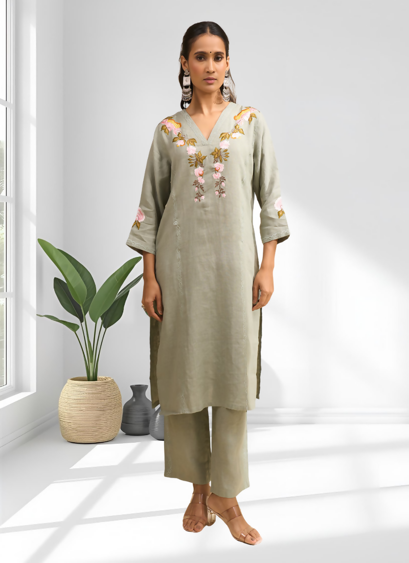 Joban Fashion Pista Green Linen Embroidered Readymade Cord Set