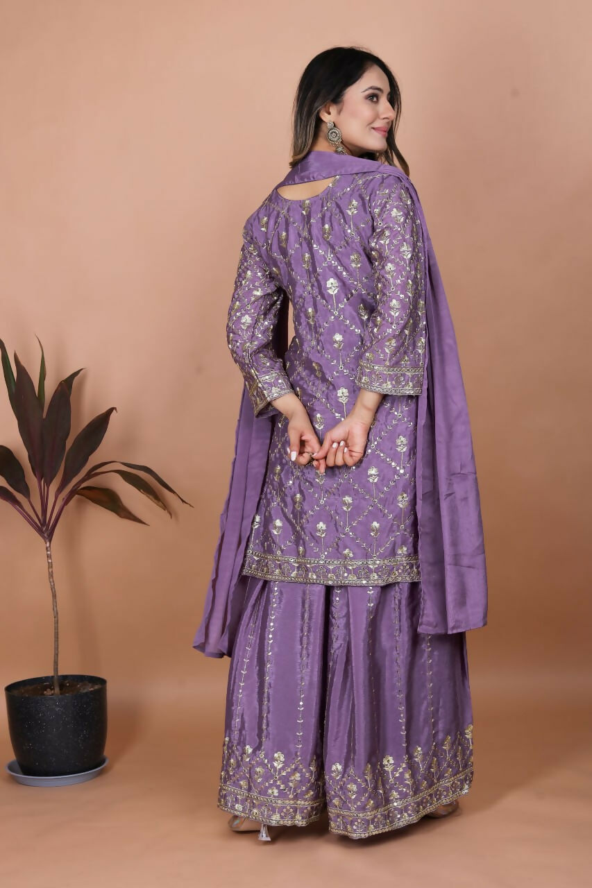 Teeya Creation Lavender Chinon Embroidery Work Party Wear Palazzo Suit