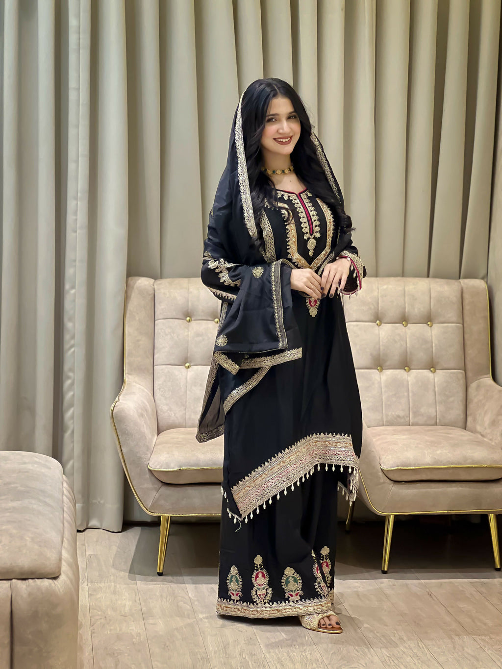 Teeya Creation Black Color Chinon Silk Party Wear Trending Palazzo Set