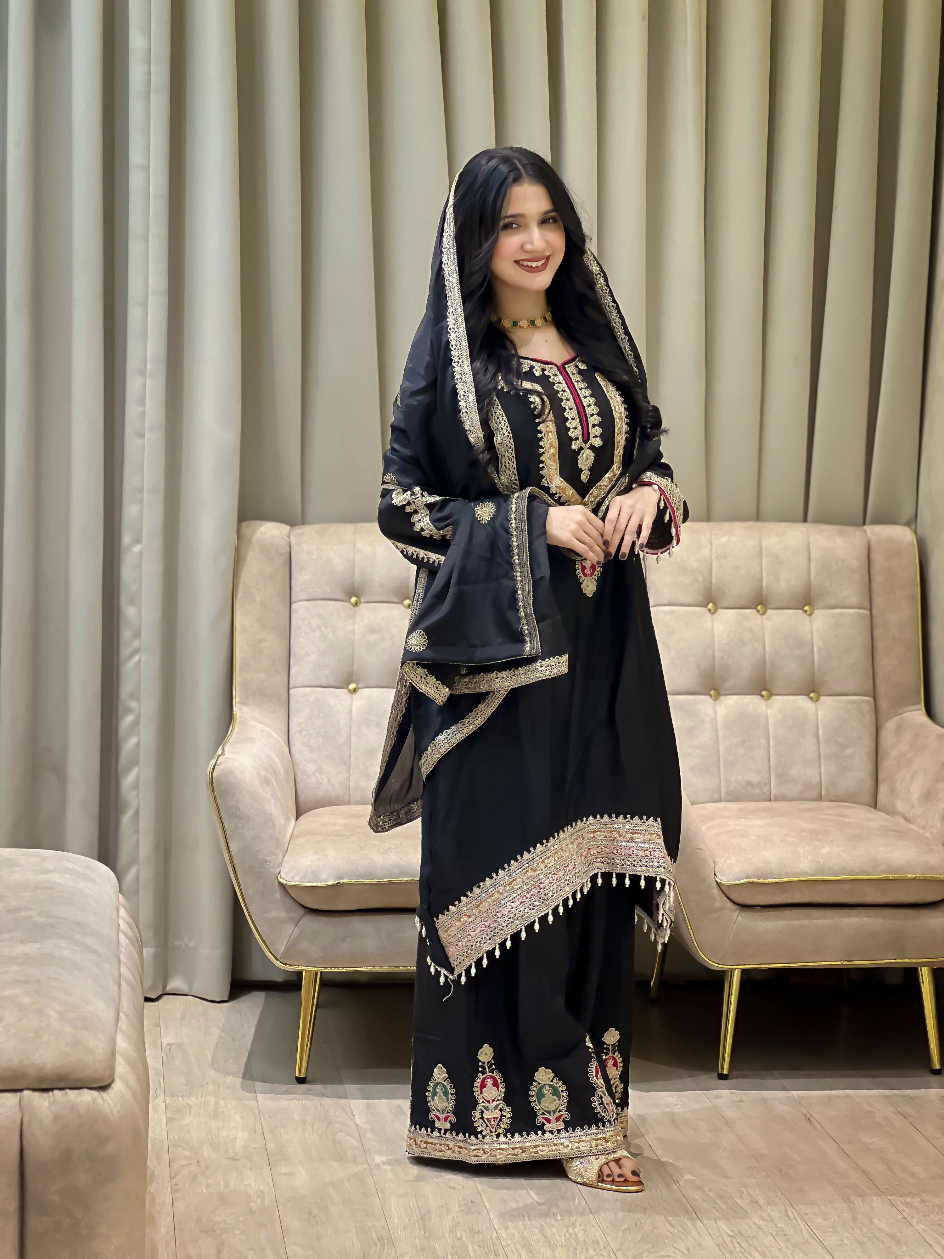 Teeya Creation Black Color Chinon Silk Party Wear Trending Palazzo Set
