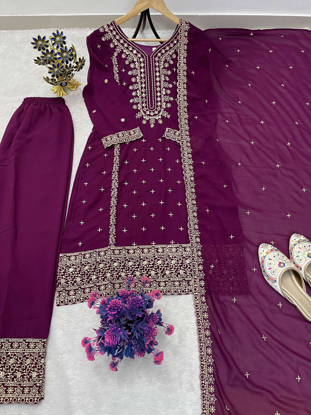 Teeya Creation Wine Color Faux Georgette Embroidery Work Party Wear Salwar Suit