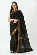 Mominos Fashion Moeza Black Bhagalpuri Handloom Silk Raj Shree Saree with unstitched Blouse piece
