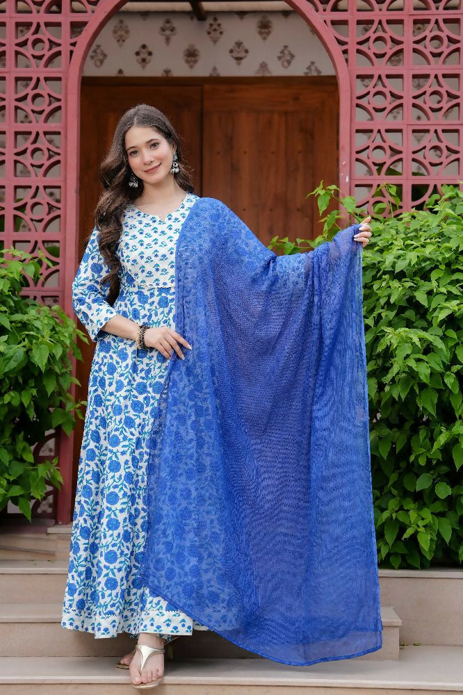 Jaimini Women Cotton Printed Round Neck Calf Length Flared Kurta Pant And Dupatta Set