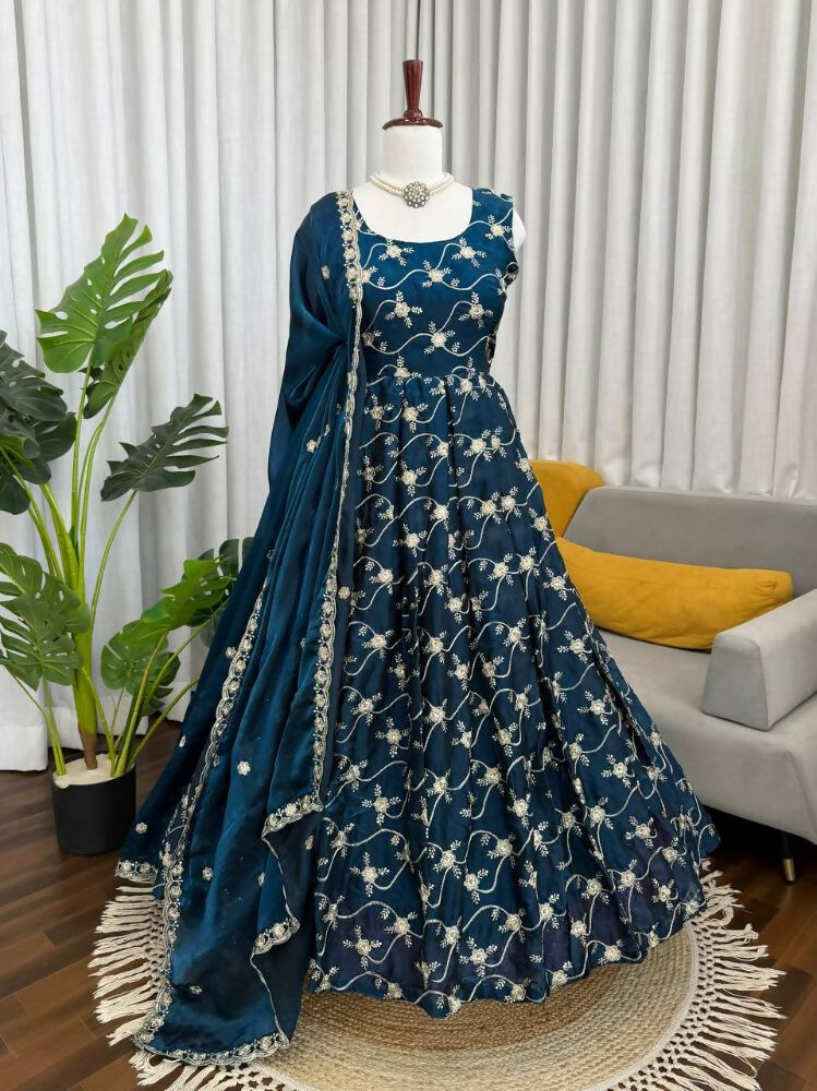 Teeya Creation Blue Color Fendy Silk Heavy Embroidery Work Wedding Wear Long Gown