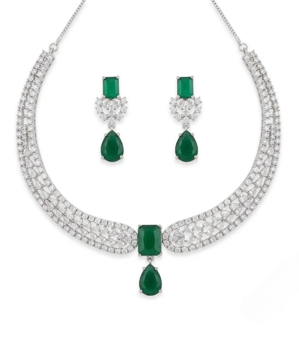 Jewel City Stunning CZ Diamond American Diamond Necklace Set with Drop Earrings - Bridal, Wedding, Party Wear