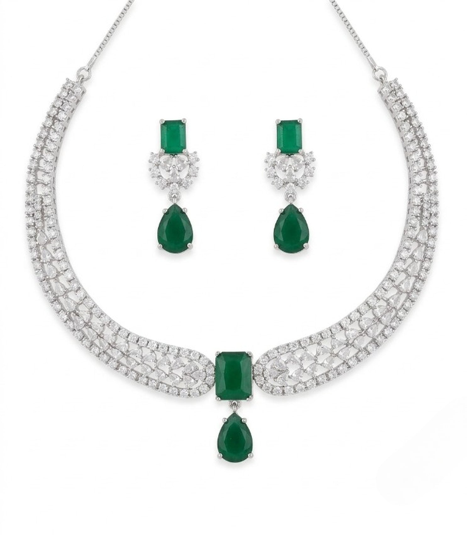 Jewel City Stunning CZ Diamond American Diamond Necklace Set with Drop Earrings - Bridal, Wedding, Party Wear