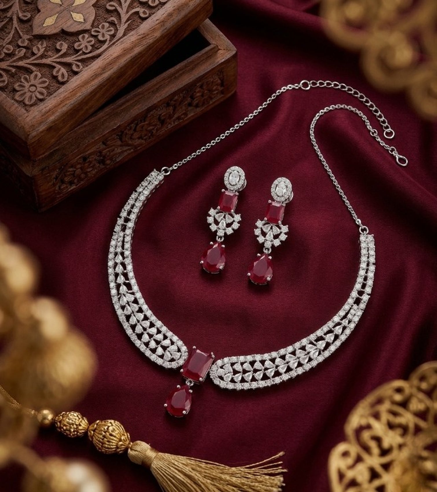 Jewel City Stunning CZ Diamond American Diamond Necklace Set with Drop Earrings - Bridal, Wedding, Party Wear