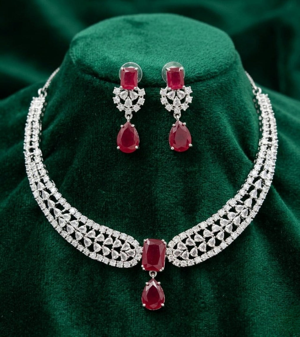 Jewel City Stunning CZ Diamond American Diamond Necklace Set with Drop Earrings - Bridal, Wedding, Party Wear