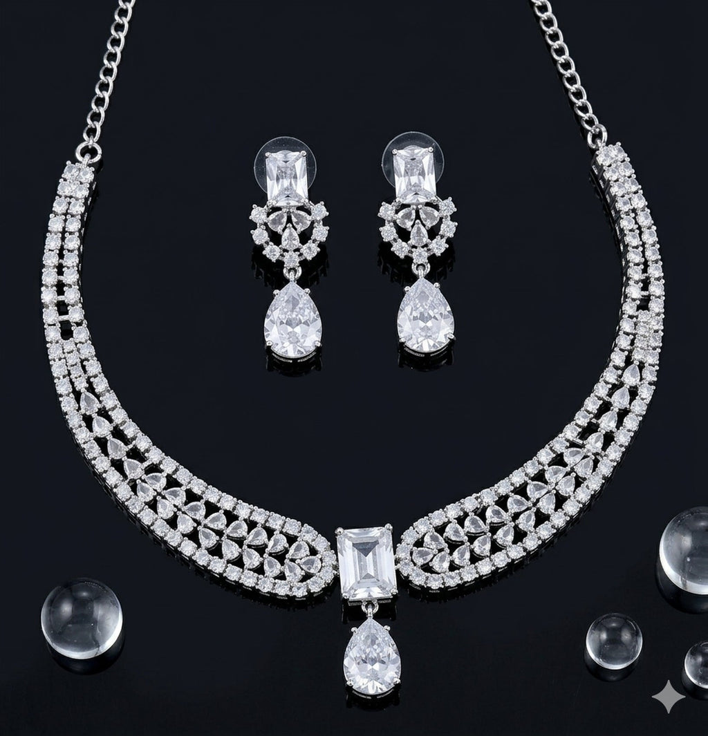 Jewel City Stunning CZ Diamond American Diamond Necklace Set with Drop Earrings - Bridal, Wedding, Party Wear