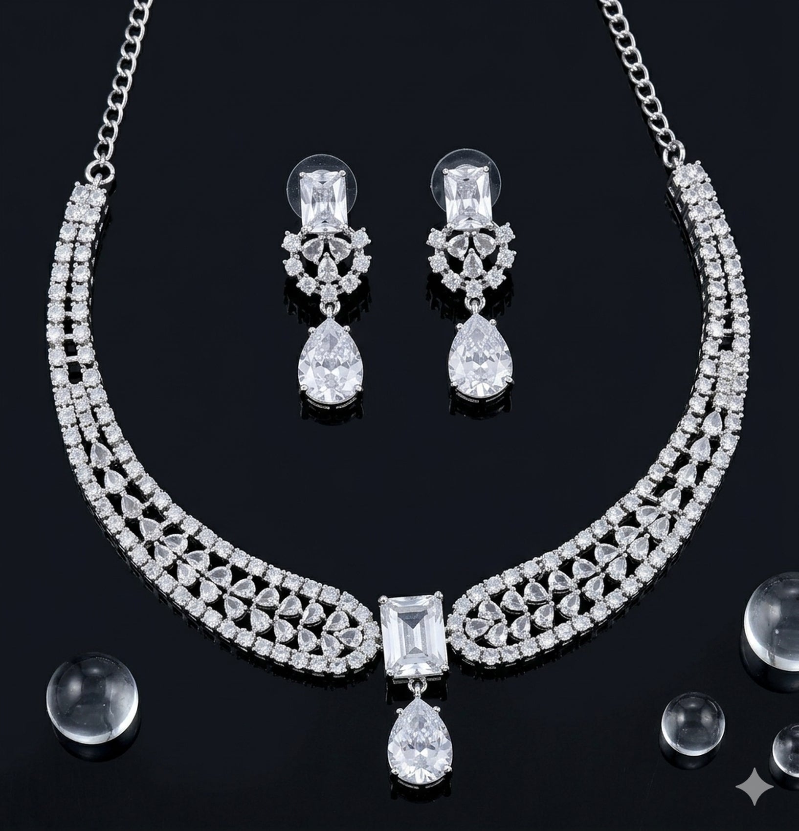 Jewel City Stunning CZ Diamond American Diamond Necklace Set with Drop Earrings - Bridal, Wedding, Party Wear