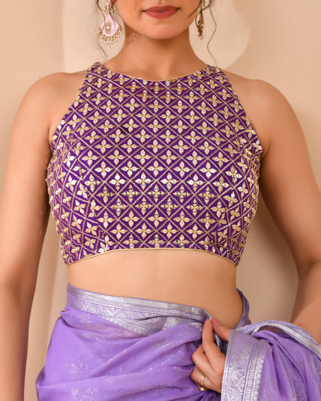 Amodini Designer Studio Women's Mirror Work High Neck Purple Blouse