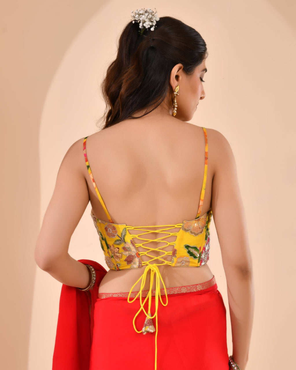 Amodini Designer Studio Women's Organza Floral Handwork Corset Style Yellow Blouse