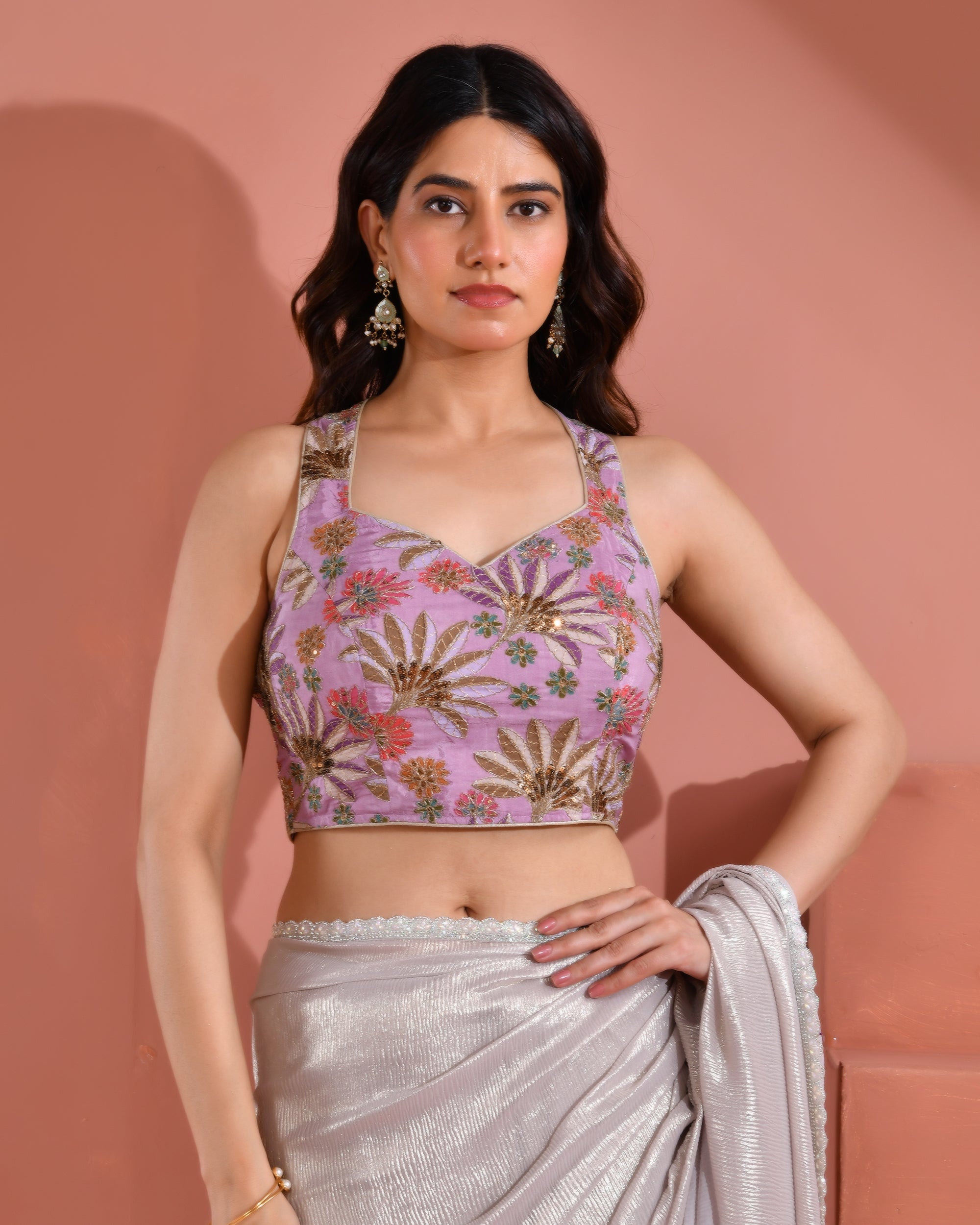 Amodini Designer Studio Women's Position Print Sequined Embellished Halter Neck Lavender Blouse