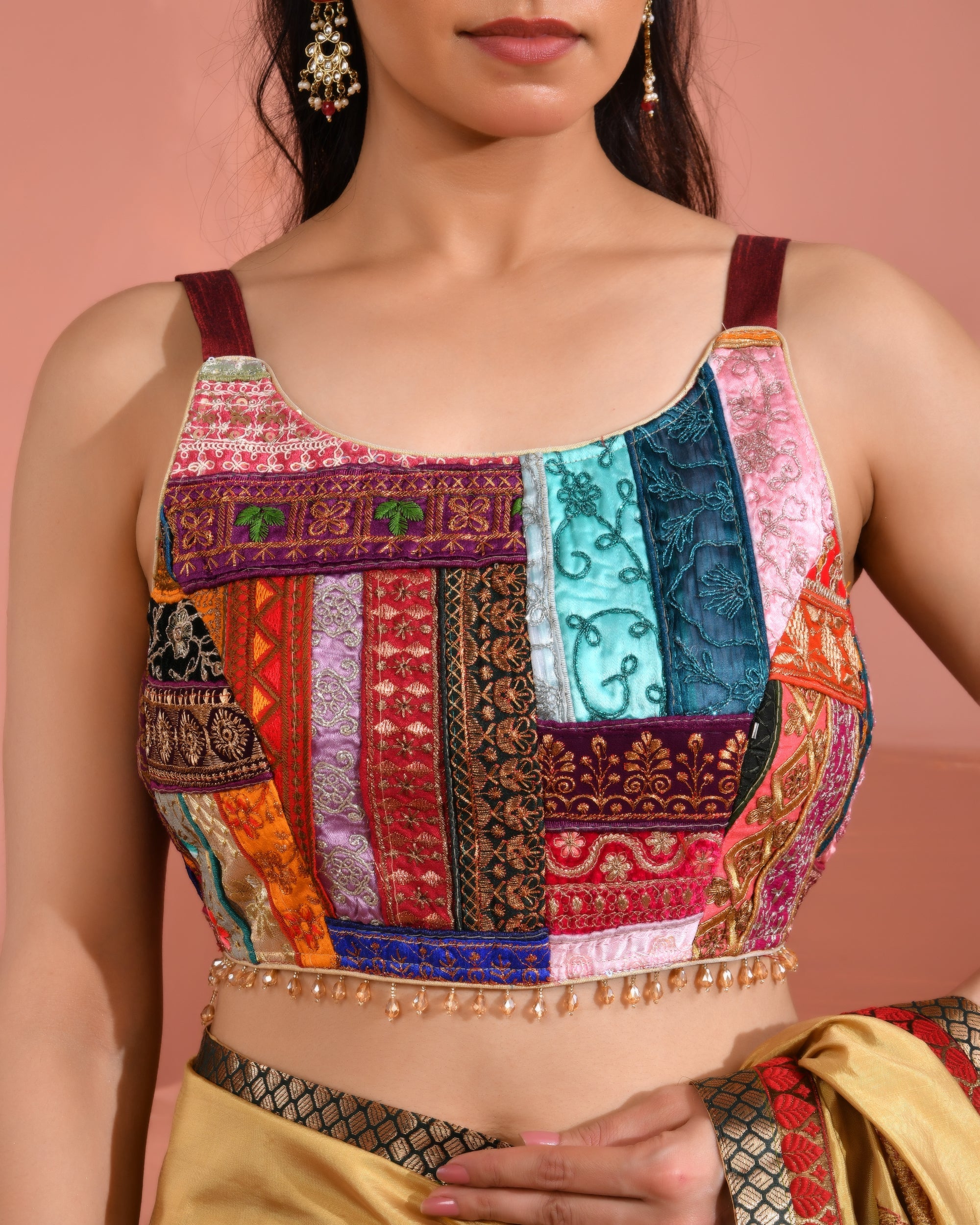 Amodini Designer Studio Women's Multi Colored Patchwork Round Neck Silk Blouse with Lace
