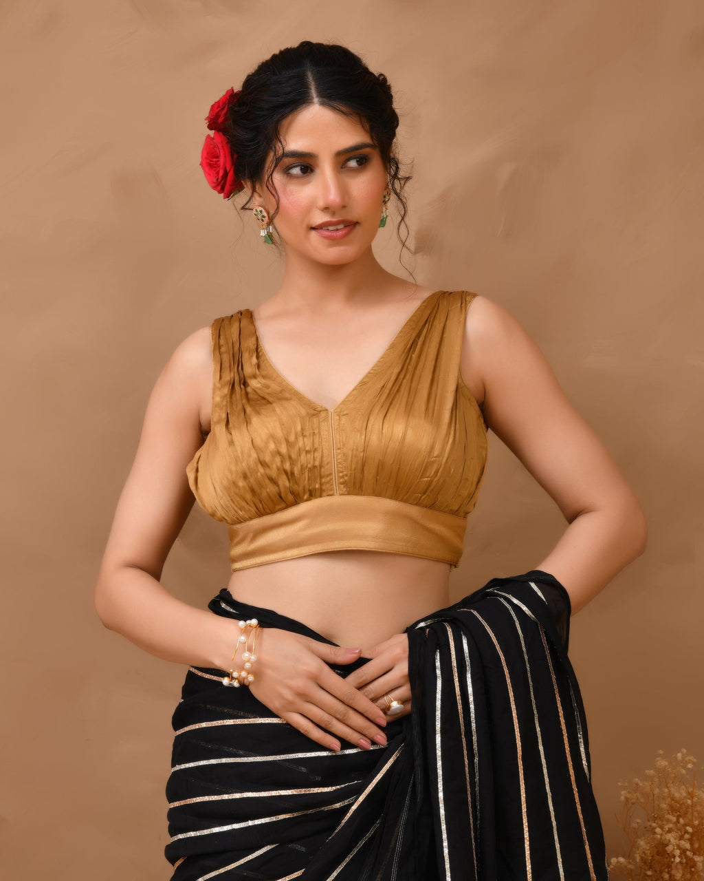 Amodini Designer Studio Women's Dark Gold V neck Wrinkled sleeveless blouse