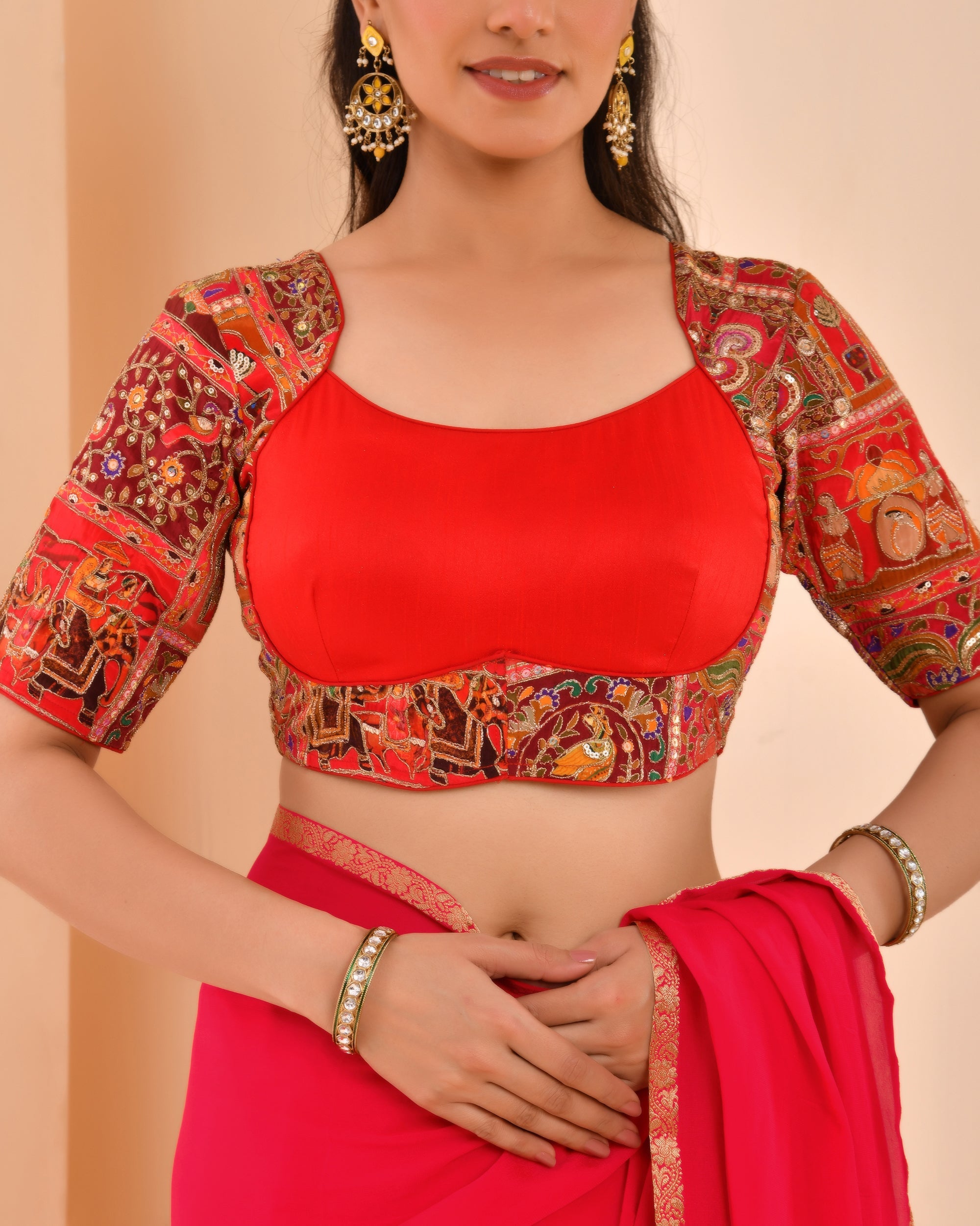 Amodini Designer Studio Women's Madhubala Style Red Blouse With Sleeves