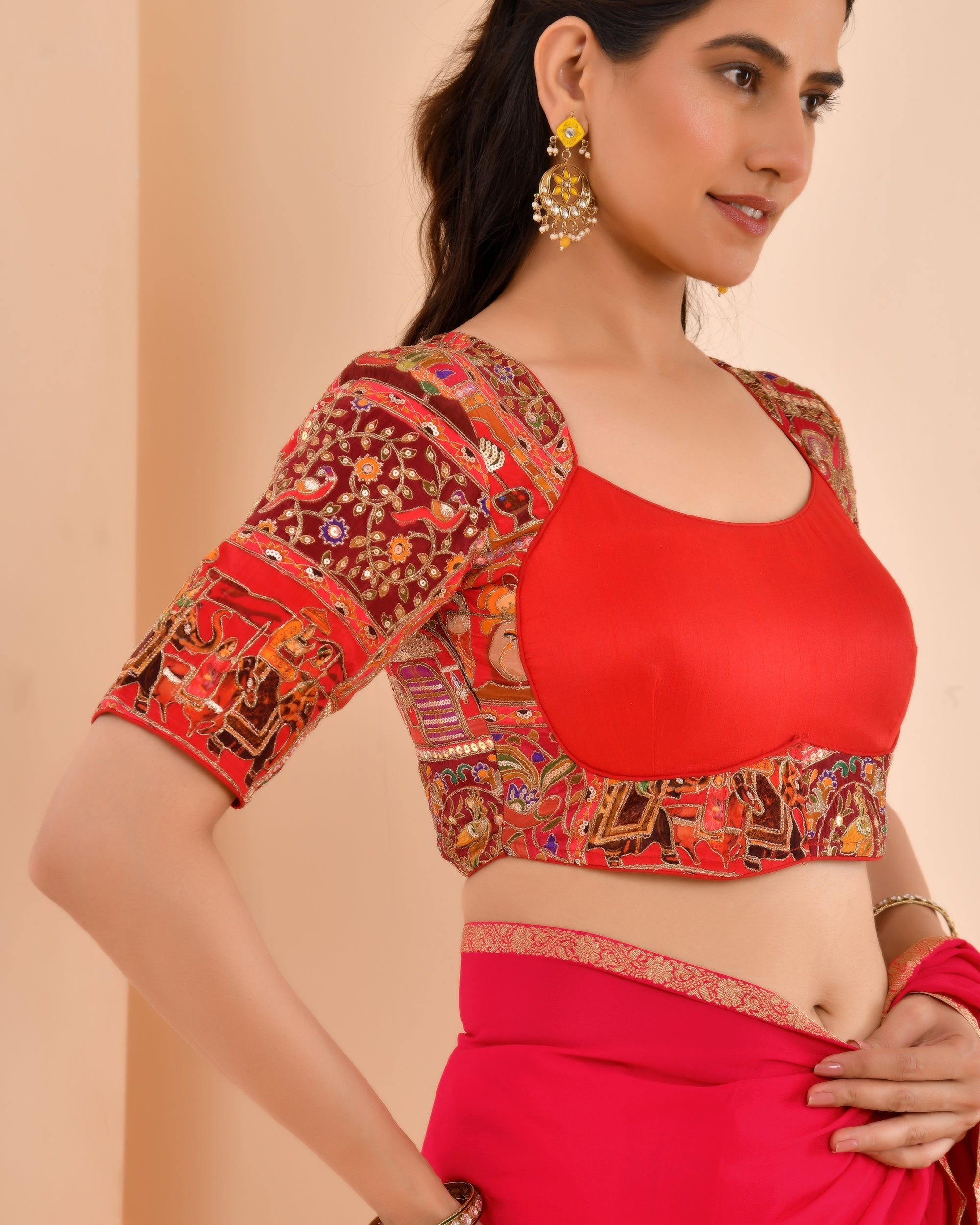 Amodini Designer Studio Women's Madhubala Style Red Blouse With Sleeves
