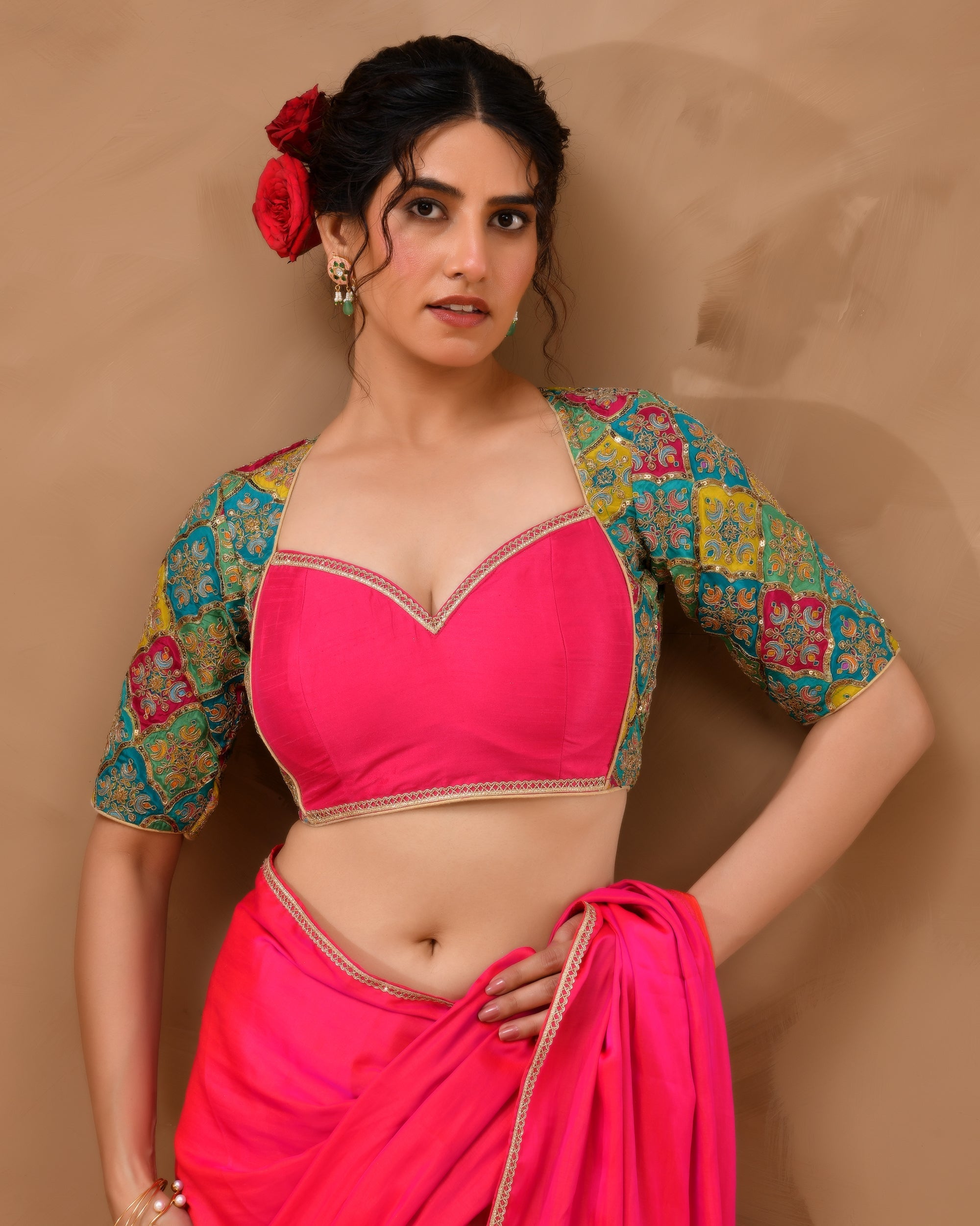 Amodini Designer Studio Women's Madhubala Style Pink Blouse With Sleeves